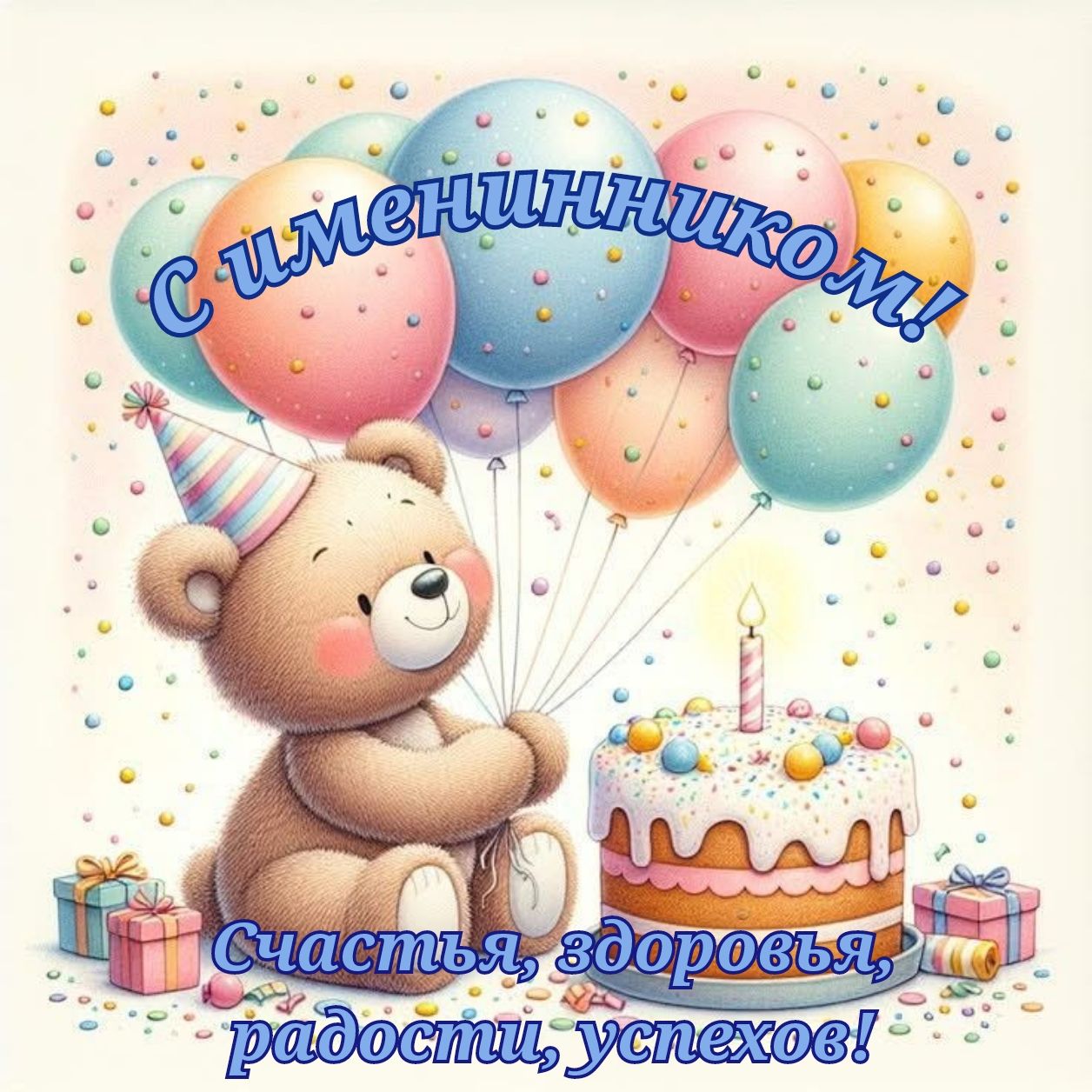 Cheerful teddy bear card for Name Day