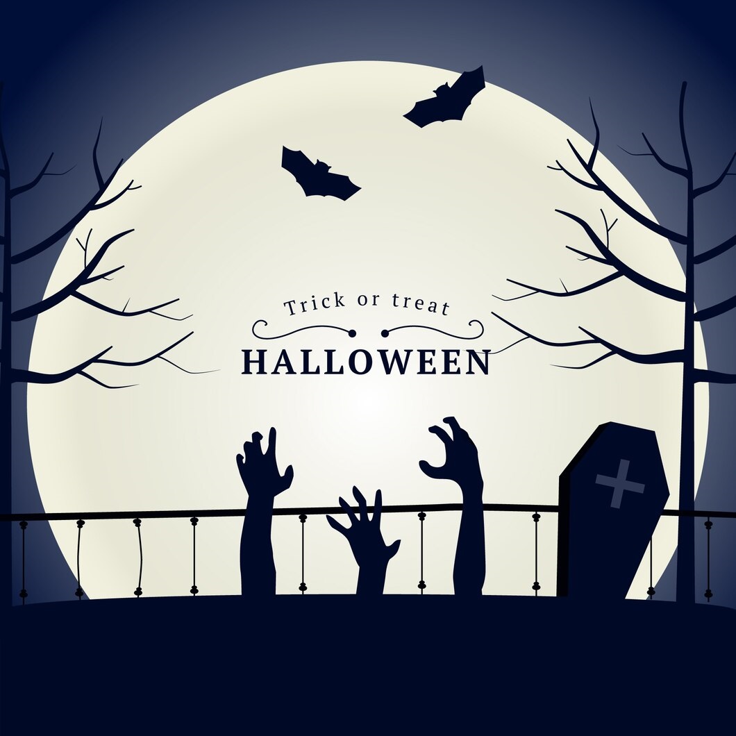 Atmospheric Halloween card with zombie hands