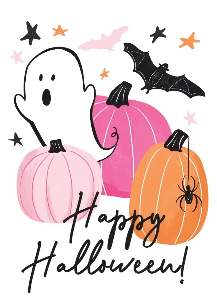 Cute Halloween card with pumpkins and a ghost