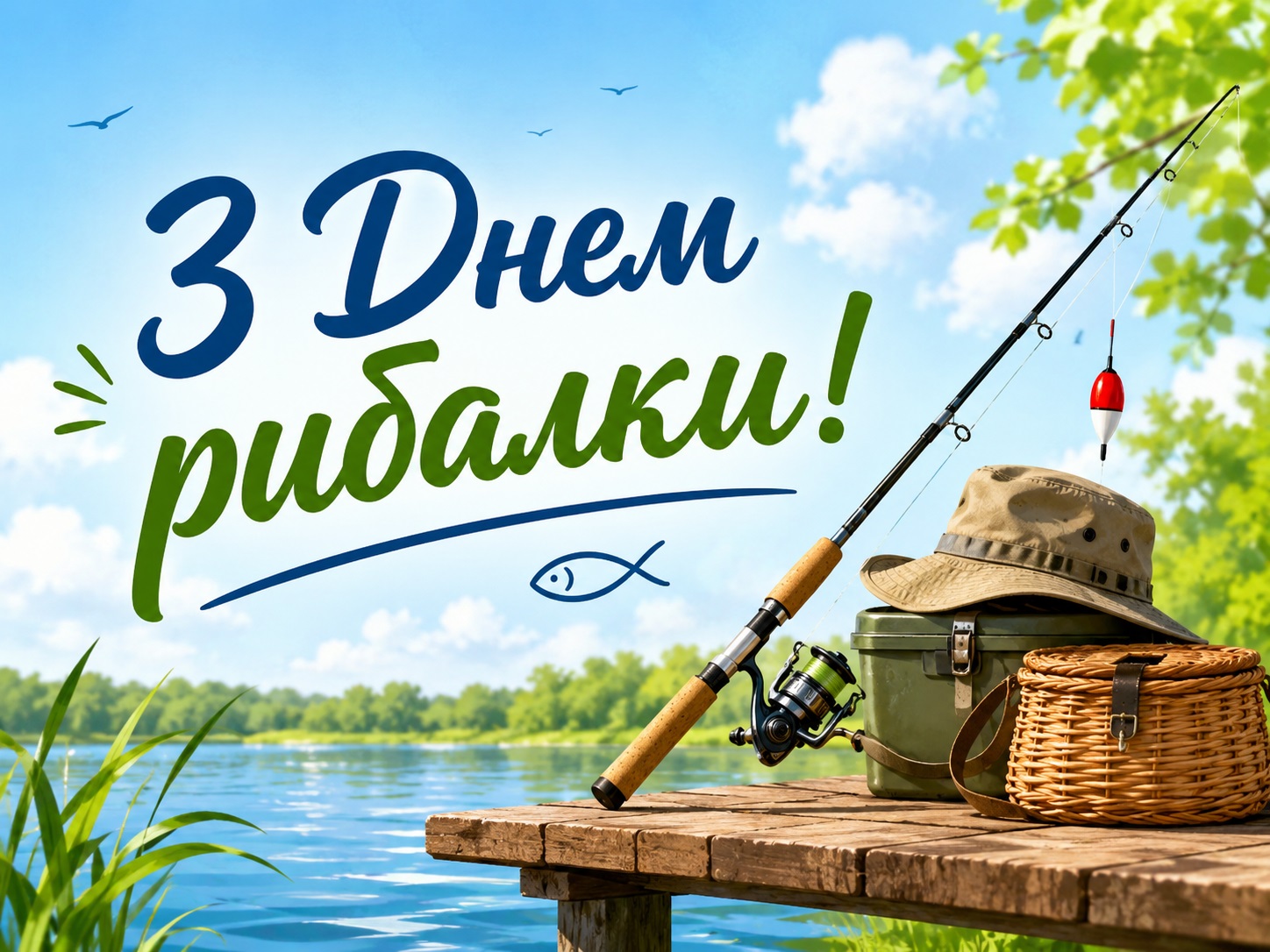 Bright card for Fisherman’s Day by the Lake