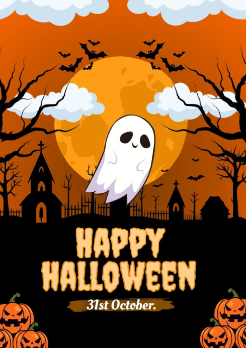 Colorful Halloween card with a ghost
