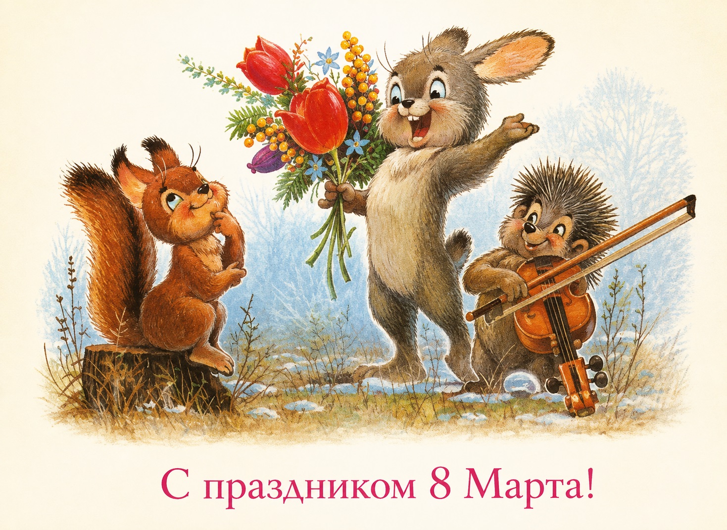 Cheerful 8 March card with woodland friends