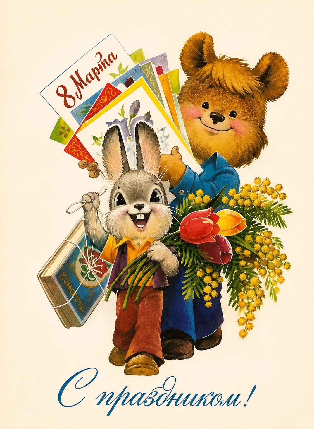 Cheerful 8 March card with gifts