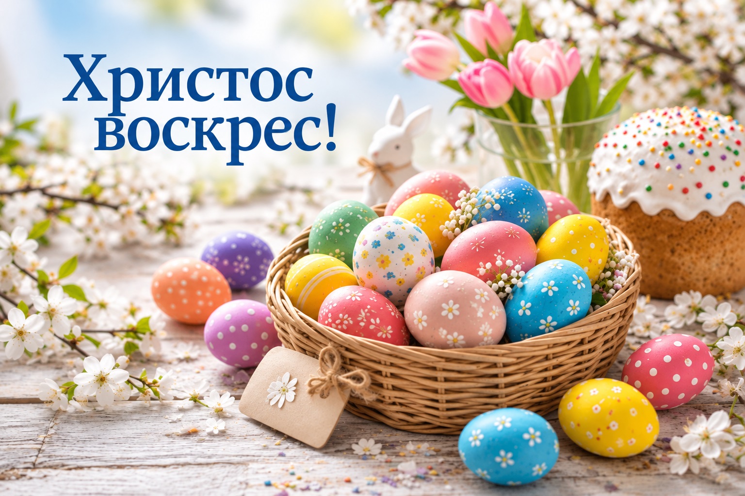 Светлая и красочная открытка с Пасхой