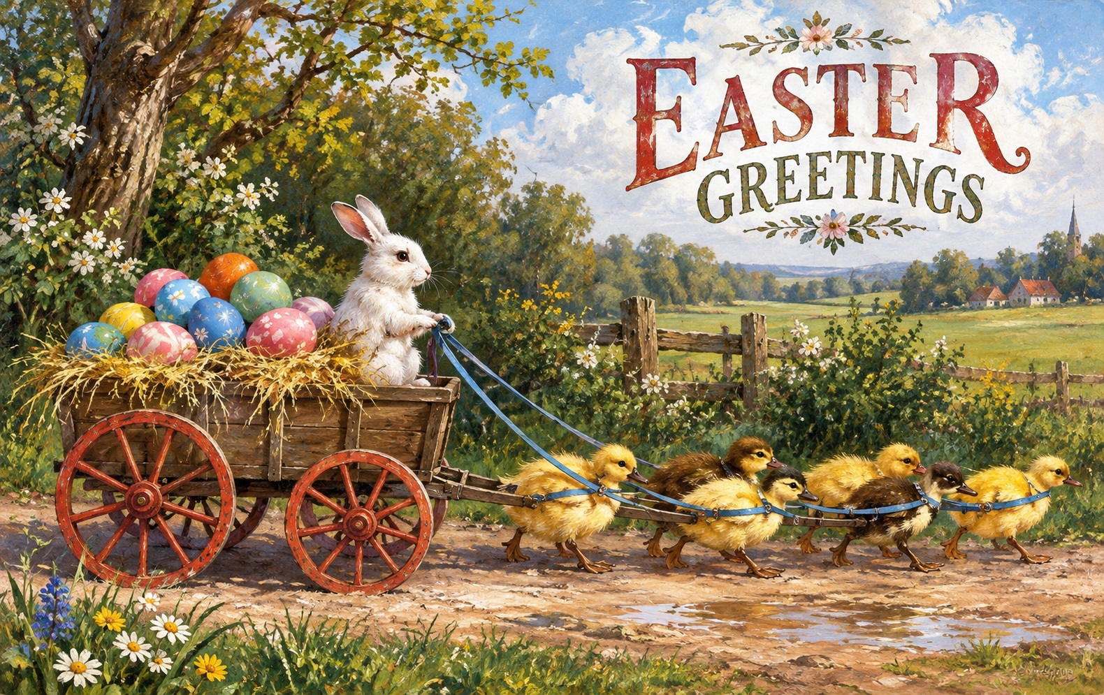 Festive Easter Card with a Charming Countryside Scene