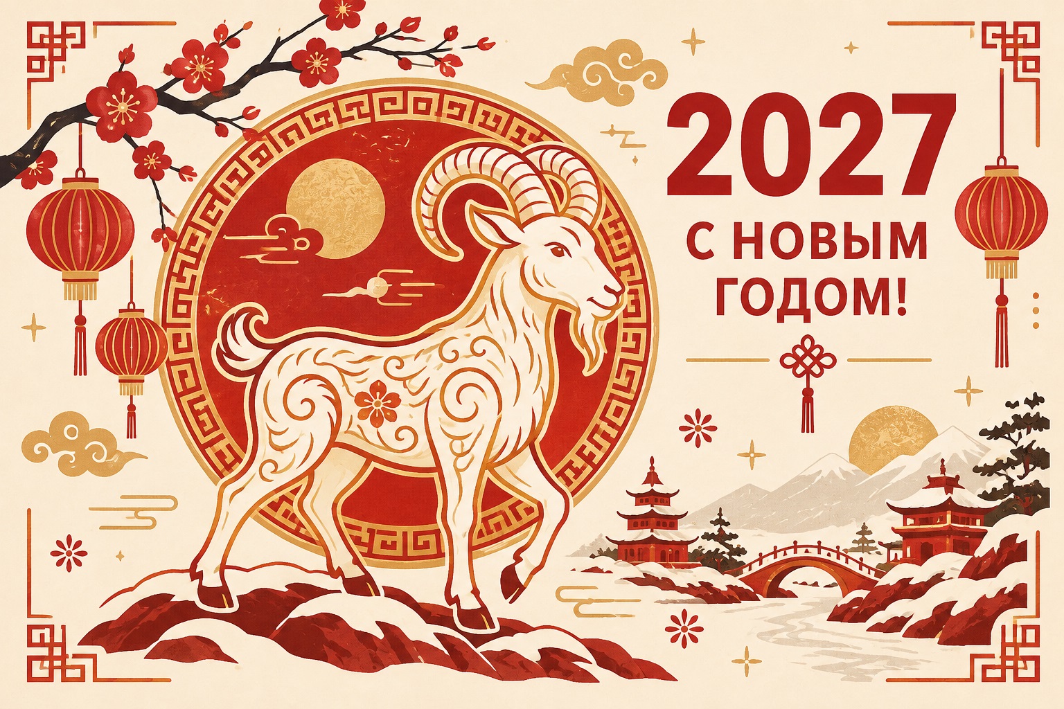 New Year Card with a Goat in Asian Style