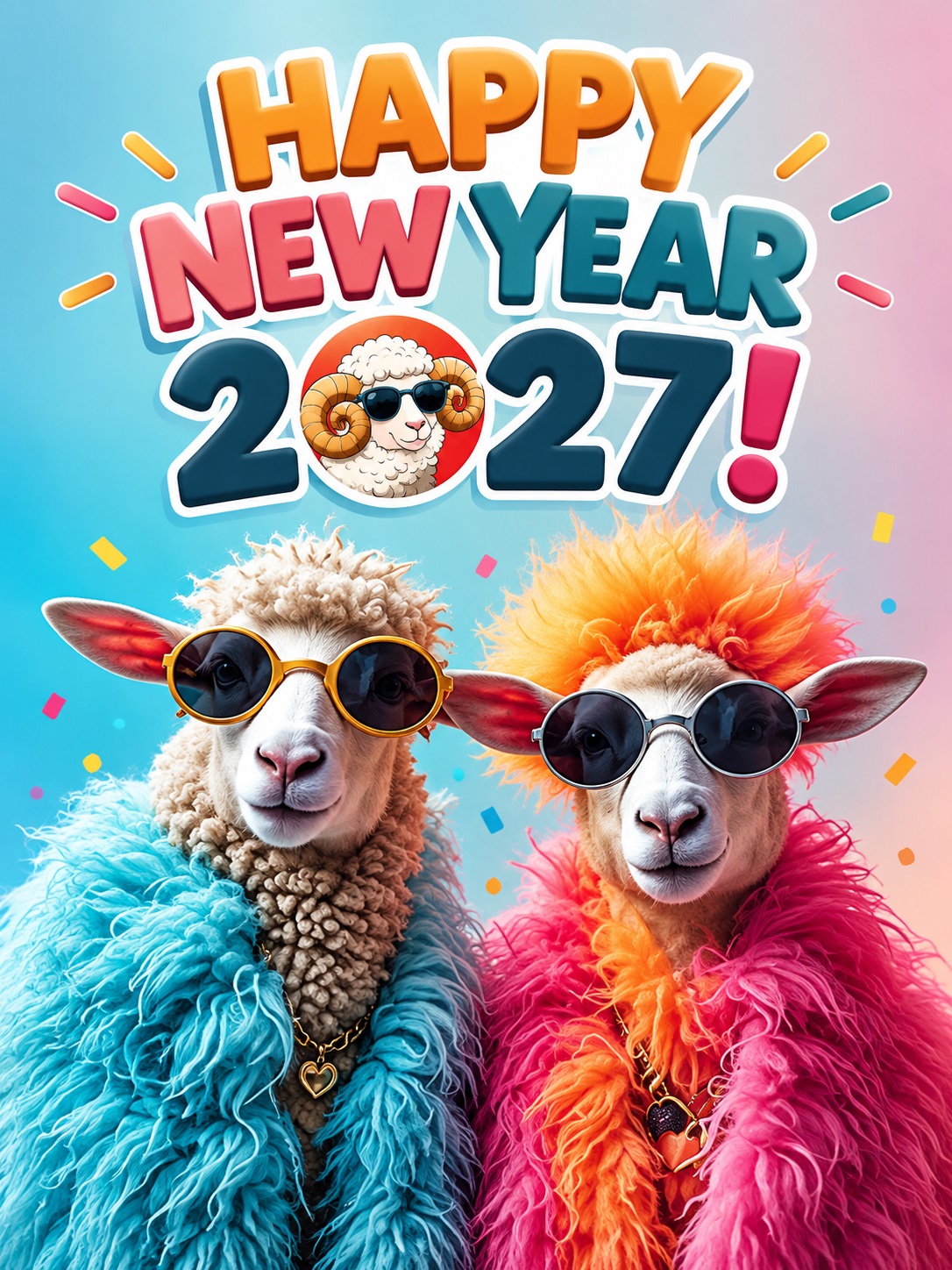 Stylish New Year Card with Colorful Sheep