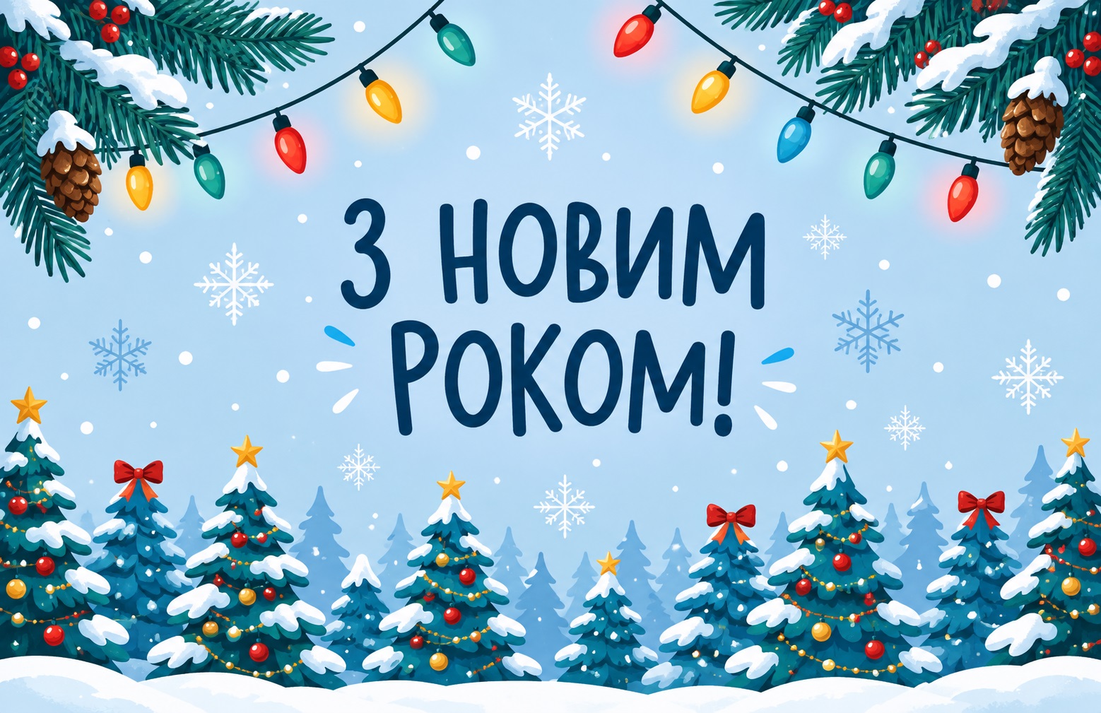 New Year Card with Snowy Christmas Trees