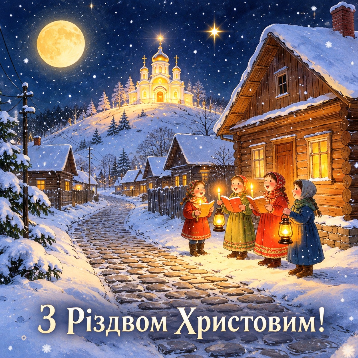 Warm Christmas card with carol singers