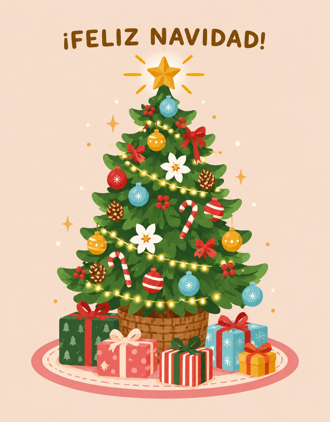 Bright Christmas card with a decorated tree
