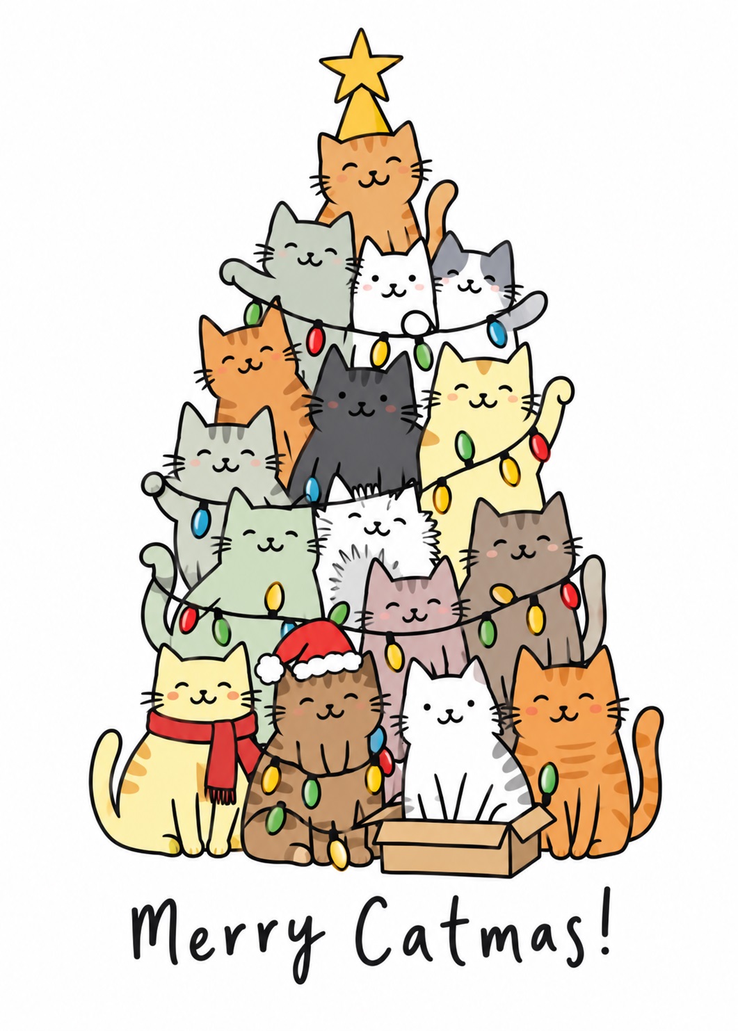 Cute Christmas card featuring cheerful cats