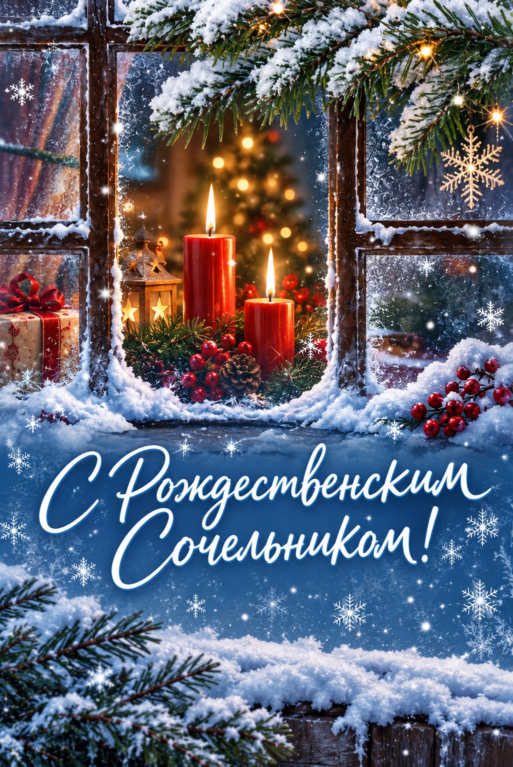 Cozy Christmas Eve by a snowy window