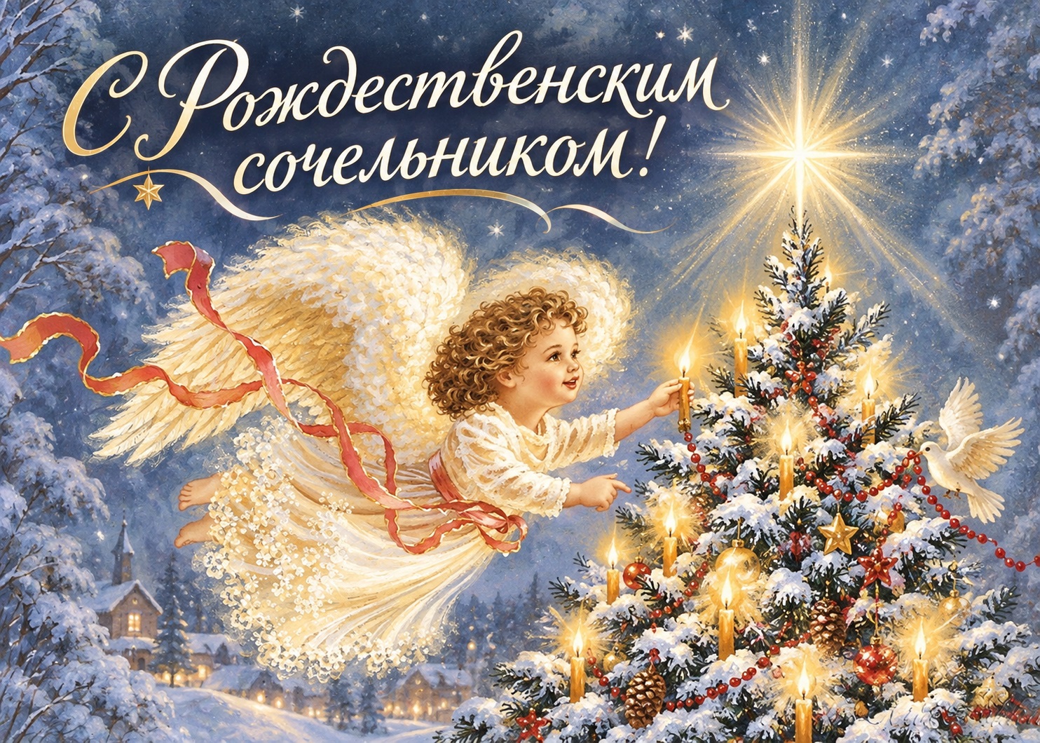 Angel lighting the Christmas tree