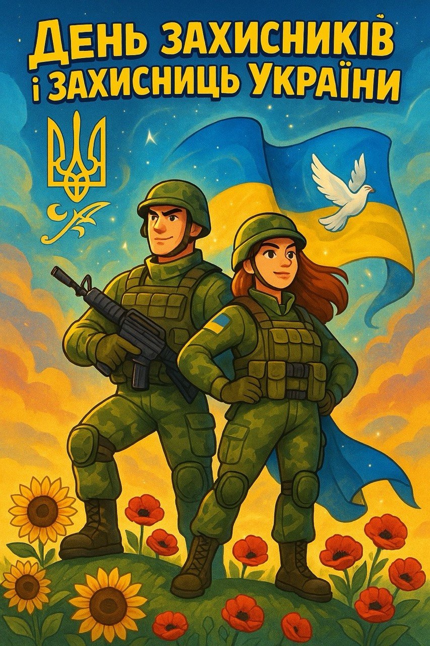 Открытка ко Дню защитников и защитниц Украины с военными, флагом и подсолнухами
