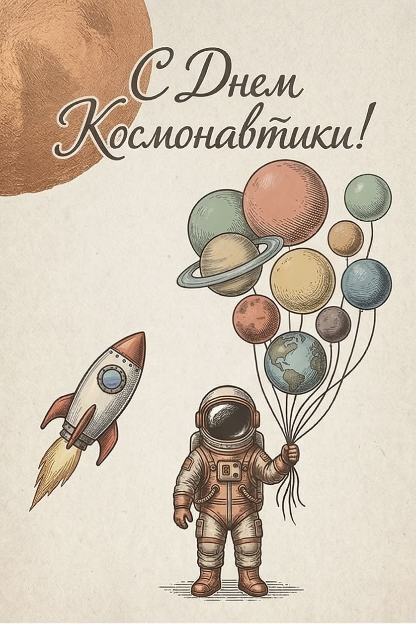 Cosmonautics Day Greeting Card with an Astronaut, Rocket, and Planets